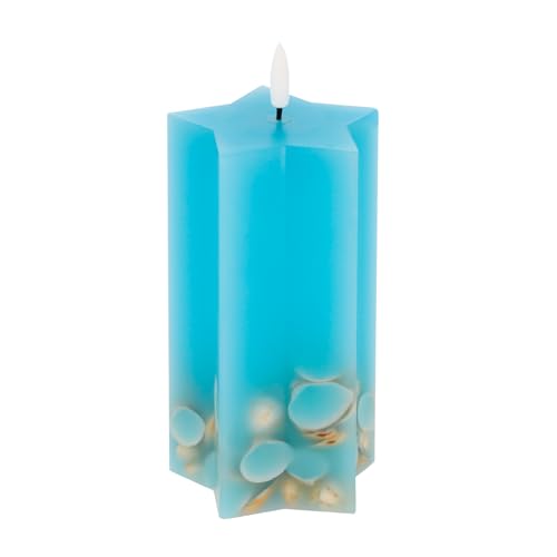 LED Universum - LED Kerze Shelly Star blau mit eingearbeiteten Muscheln maritimer mediterraner Style sternförmig mit 5h Timer für 2 AA Batterien pro Kerze (nicht enthalten) Bad Deko (blau, 15 cm) von LED Universum