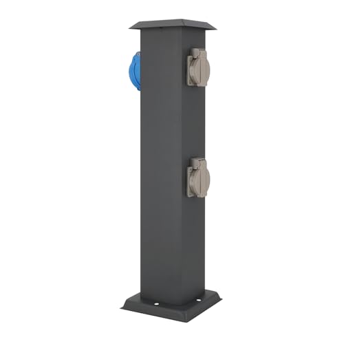 LED Universum - Steckdosensäule „Cyril“ 50cm anthrazit mit 2 x Typ F + 1 x CEE Steckdose Außensteckdose Gartensteckdose Wohnmobil CEE Campingbuchse 230 V Energiesäule 50 x 12,5 x 14,5 cm IP44 von LED Universum