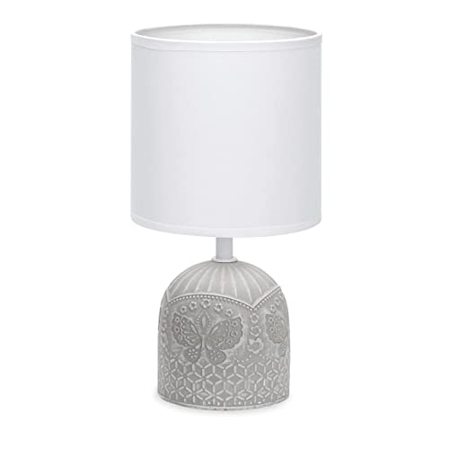 LED Universum Tischleuchte Tischlampe Nachttischlampe Leseleuchte aus Keramik mit Stoffschirm, E14 Sockel, rund grau weiß gemustert - 3151 von LED Universum