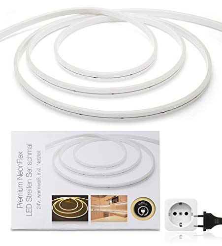 Premium 24V LED NeonFlex Streifen IP65 warmweiß schmal SET Netzteil 5m von LED Universum