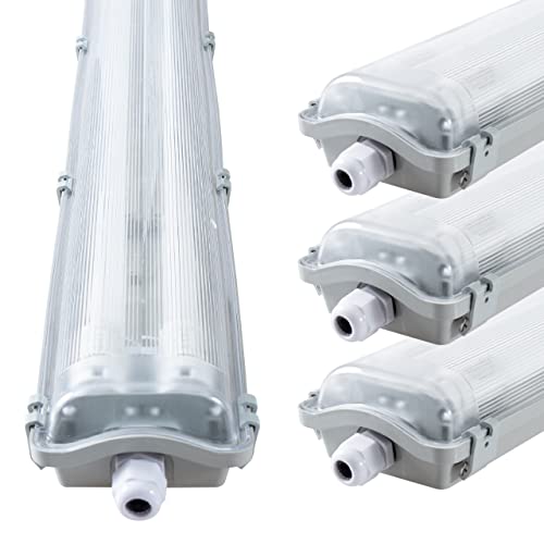 proventa IP65 LED-Feuchtraumleuchte 120cm mit 2x 18W LED-Röhre neutralweiß 4.320 Lumen Klappdeckel Steckklemme Kabeleinführung bis NYM-J 3x2,5mm² - Sparset 4x von LED's light