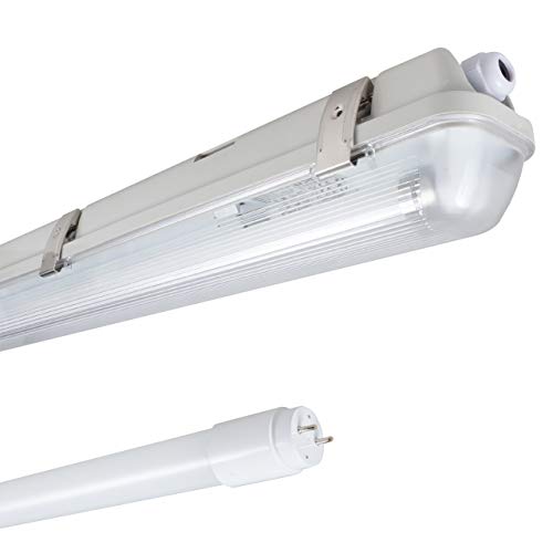 proventa Feuchtraumleuchte mit LED-Röhre, 150 cm, nur 20,5 W bei 3.100 Lumen, 4.000 K, IP65, 50.000 Stunden, Edelstahlklammern, IK08, Kunststoff grau, Flackerfrei, von LED's light