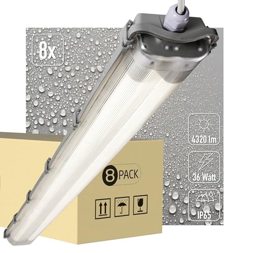 Proventa LED Feuchtraumleuchte 120cm IP65 mit 2x 18W Leuchtstoffröhre – neutralweiß 3.600 Lumen – Klappdeckel, Steckklemme, Kabeleinführung NYM-J 3x2,5mm² – 8er Sparset – feuchtraumleuchte LED 120cm von LED's light