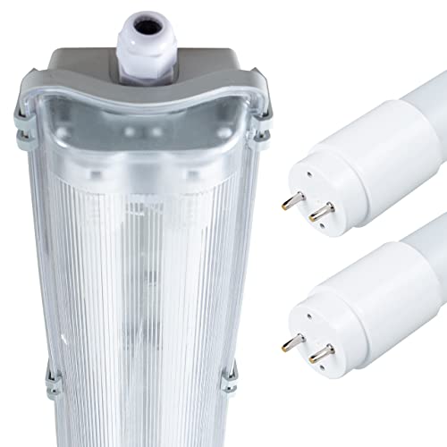Proventa IP65 Feuchtraumleuchte LED 120cm mit 2x 18W LED-Röhre naturweiß, 4000K, 4.320 Lumen Klappdeckel Steckklemme Kabeleinführung bis NYM-J 3x2,5mm², leuchtstoffröhre led 120cm von LED's light