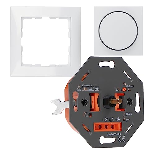 proventa Universaldimmer für alle dimmbaren Leuchtmittel als Komplettset mit Berker S.1 polarweiß glänzend, Phasenan- und abschnitt, 3-300 W LED/10-400 W Halogen, Befestigungskrallen von LED's light