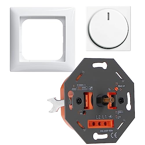 proventa Universaldimmer für alle dimmbaren Leuchtmittel als Komplettset mit Busch-Jaeger Balance-SI reinweiß, Phasenan- und abschnitt, 3-300 W LED/10-400 W Halogen, Befestigungskrallen von LED's light