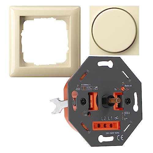 proventa Universaldimmer für alle dimmbaren Leuchtmittel als Komplettset mit Gira-Standard 55 cremeweiß glänzend, Phasenan- und abschnitt, 3-300 W LED/10-400 W Halogen, Befestigungskrallen von LED's light