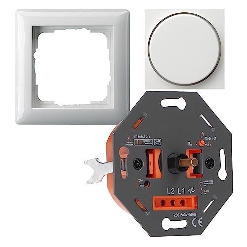 proventa Universaldimmer für alle dimmbaren Leuchtmittel als Komplettset mit Gira-Standard 55 reinweiß glänzend, Phasenan- und abschnitt, 3-300 W LED/10-400 W Halogen, Befestigungskrallen von LED's light