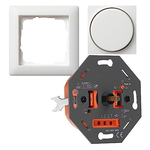 proventa Universaldimmer für alle dimmbaren Leuchtmittel als Komplettset mit Gira-Standard 55 reinweiß seidenmatt, Phasenan- und abschnitt, 3-300 W LED/10-400 W Halogen, Befestigungskrallen von LED's light