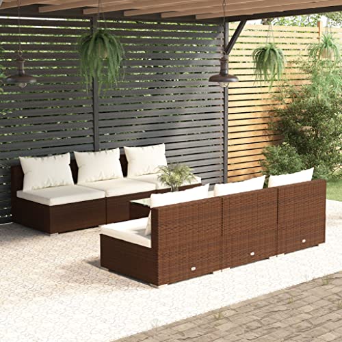 Möbel, Gartenmöbel, Outdoor-Möbel-Set, 7-teiliges Garten-Lounge-Set mit Kissen, Poly-Rattan, Braun von LEDAMP