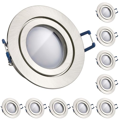 LEDANDO 10er IP44 LED Einbaustrahler Set Silber gebürstet mit LED GU10 Markenstrahler 5W DIMMBAR - warmweiss - 110° Abstrahlwinkel - Feuchtraum/Badezimmer - 35W Ersatz - A+ - LED Spot 5 Watt r von LEDANDO