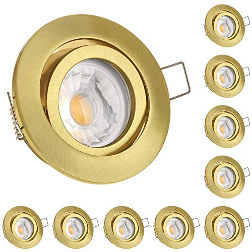 LEDANDO 10er LED Einbaustrahler Set Gold mit COB LED GU10 Markenstrahler 7W DIMMBAR - warmweiss 3000K - 40° Abstrahlwinkel - 570 Lumen - 50W Ersatz - COB LED Spot 7 Watt - Einbauleuchte LED rund von LEDANDO