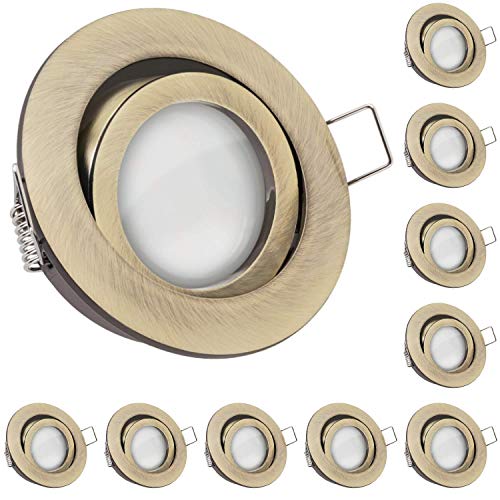 LEDANDO 10er LED Einbaustrahler Set Messing mit LED GU10 Markenstrahler 5W - warmweiss - 120° Abstrahlwinkel - schwenkbar - 35W Ersatz - A+ - LED Spot 5 Watt - Einbauleuchte LED rund von LEDANDO