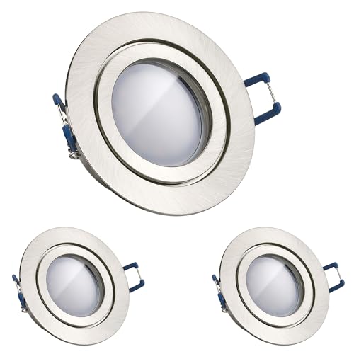 LEDANDO 3er IP44 LED Einbaustrahler Set Silber gebürstet mit LED GU10 Markenstrahler 5W DIMMBAR - warmweiss - 110° Abstrahlwinkel - Feuchtraum/Badezimmer - 35W Ersatz - A+ - LED Spot 5 Watt rund von LEDANDO