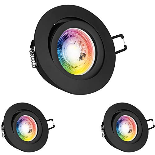 LEDANDO 3er RGB LED Einbaustrahler Set GU10 in schwarz matt mit 3W LED 11 Farben + Kaltweiß - inkl. Fernbedienung - dimmbar - rund von LEDANDO