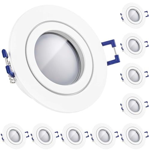 LEDANDO 10er IP44 LED Einbaustrahler Set Weiß matt mit LED GU10 Markenstrahler 5W - warmweiss - 120° Abstrahlwinkel - Feuchtraum/Badezimmer - 35W Ersatz - A+ - LED Spot 5 Watt - Einbauleuchte rund von LEDANDO