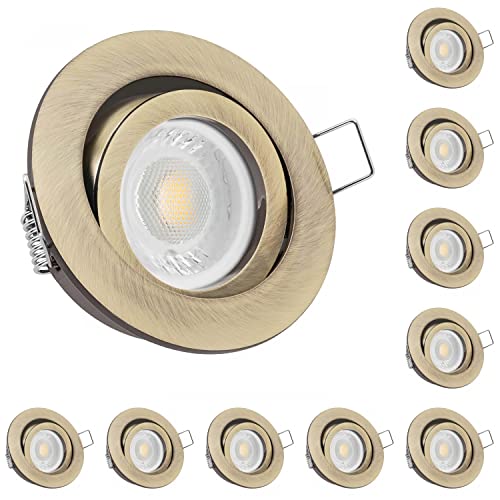 LEDANDO 10er LED Einbaustrahler Set extra flach in gold/messing mit 5W Leuchtmittel 2700K warmweiß - dimmbar - 38° Abstrahlwinkel - 50W Ersatz - rund von LEDANDO