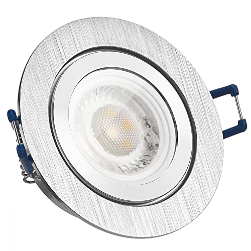 LEDANDO IP44 LED Einbaustrahler Set extra flach in aluminium gebürstet mit 5W Leuchtmittel 3000K warmweiß - 60° Abstrahlwinkel - 50W Ersatz - rund - Badezimmer von LEDANDO