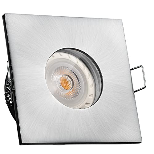 LEDANDO IP65 LED Einbaustrahler Set Silber gebürstet mit COB LED GU10 Markenstrahler 7W DIMMBAR - warmweiss 3000K - 40° Abstrahlwinkel - Feuchtraum/Bad - 50W Ersatz - COB LED Spot 7 Watt eckig von LEDANDO