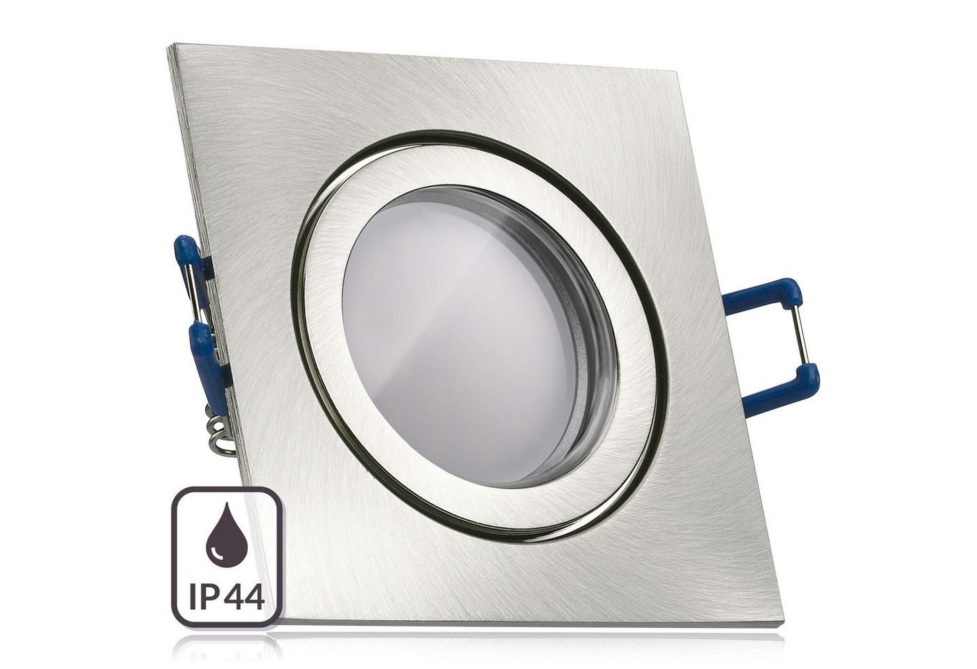LEDANDO LED Einbaustrahler »IP44 LED Einbaustrahler Set Silber gebürstet mit LED GU5.3 / MR16 Markenstrahler von LEDANDO - 5W - warmweiss - 110° Abstrahlwinkel - Feuchtraum / Badezimmer - 35W Ersatz - A+ - LED Spot 5 Watt - Spritzwasserschutz« von LEDANDO