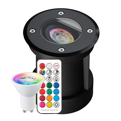 Schwarzer RGB LED Bodeneinbaustrahler Set mit Fernbedienung - RGB + Warmweiss - Schwenkbar und Dimmbar - 3W LED GU10 - warmweiß - rund - IP67 - Schwarz von LEDANDO