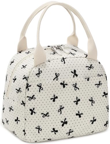 LEDAOU Isolierte Lunch-TascheLunch-Box Damen Wiederverwendbare Lunch-Tasche Cord Tragbare Tote Handtaschen auslaufsichere thermische Kühler Mittagessen Fall große Kapazität (Schwarze Bogen-beige) ﻿ von LEDAOU