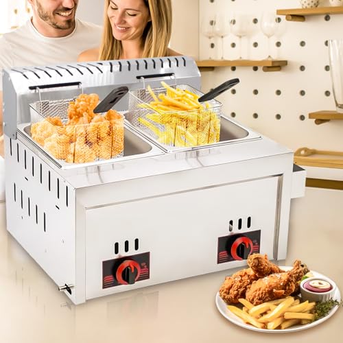 Gasfritteuse, 20L Gewerbliche Doppeltank Friteuse Edelstahl Fritteuse mit Hoher Kapazität, Professionelle Gas Küchenbratmaschine mit Pommeskorb für Restaurant, Heimküche, Snackbar von LEDBEL