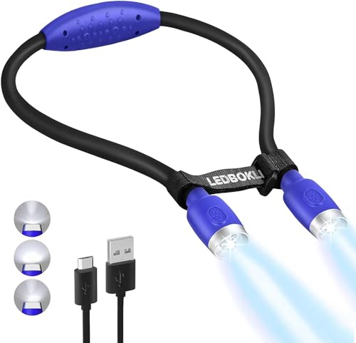 LEDBOKLI LED Leselampe Buch Wiederaufladbar Klemme Buchlampe 800mAh Umhängelampe 3 Helligkeiten 6500-7000K Biegbare Flexibel Arme Halslampe Perfekt zum Lesen, Stricken, Reparieren, Navy Blau von LEDBOKLI