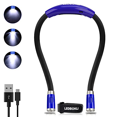 LEDBOKLI Leselampe Buch LED Buchlampe Wiederaufladbar Halslampe Biegbare Arme 3 Helligkeitsstufen Leselicht Buch Handarbeitslampe Umhängelampe Perfekt zum Lesen, Stricken, Campen, Laufen, Navy Blau von LEDBOKLI