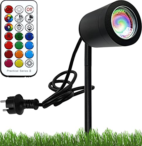 LEDFULL® Kompakte LED Gartenleuchte mit Erdspieß RGB Farbwechsel - IP67 Wetterfest inkl. 3W Kaltweiß Modul Spot dimmbar mit Fernbedienung/Schwarzer Gartenstrahler für Aussen von LEDFULL