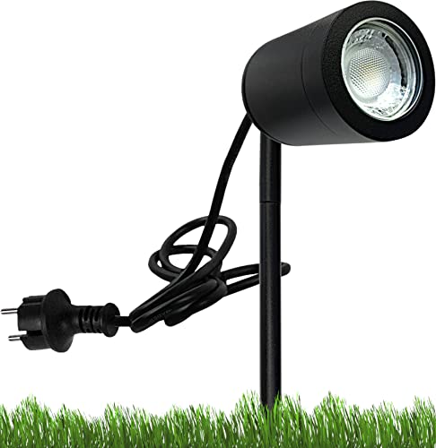 LEDFULL® LED Gartenstrahler mit Erdspieß - IP67 Wasserfest/inkl. 5W Warmweiß GU10 Spot dimmbar mit 45° Abstrahlwinkel/Schwarze Gartenleuchte für Außen mit Stecker von LEDFULL