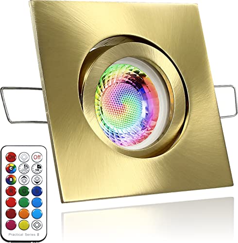 LEDFULL® Premium LED Deckenstrahler Dimmbar Set inkl. RGB-W GU10 230V Spot 3W / Farbwechsel + Kaltweiß/Gold gebürstet Einbaustrahler eckig schwenkbar von LEDFULL