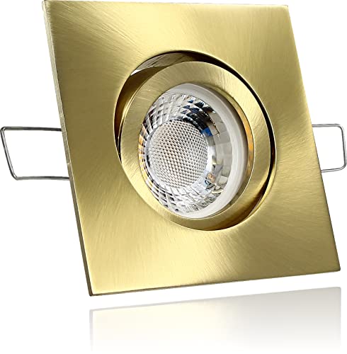 LEDFULL® Premium LED Einbaustrahler Flach 230V Dimmbar Modul 5W Spot Warmweiß/Gold gebürstet Deckenstrahler eckig schwenkbar / GU10 MR16 Strahler Ersatz von LEDFULL