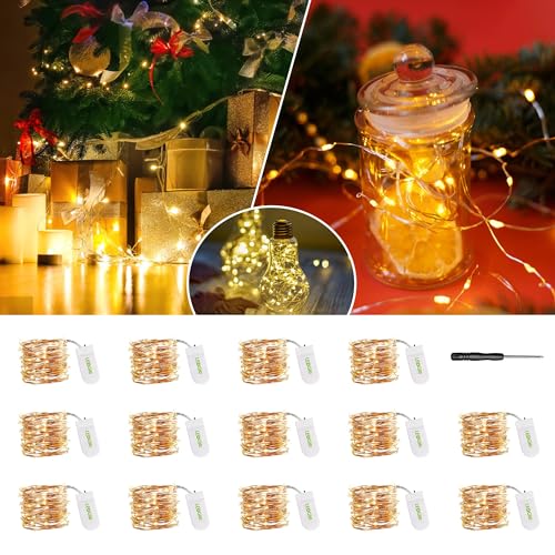 LEDGLE LED Lichterkette Batteriebetrieben, Kupferkabel 2M 20 LEDs LED Lichterketten, IP67 Wasserdichte 3000K Sternenlichterketten für Heimwerker, Einmachglas, Hochzeit, Party, 14 Stk von LEDGLE