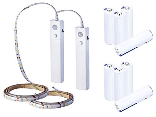 LEDLUX 2 LED-Streifen-Kit 6V 2,4W Batterie mit Bewegungssensor IP65 1 Meter 30 SMD 2835 Für Kleiderschrank Treppen Korridor Küche ect - 8 AAA-Batterien enthalten (Warmweiß 3000K) von LEDLUX