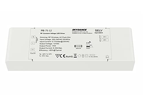 Netzteil dimmbar, 12 V, 75 W, dimmbar, mit Taste N.O. Push Dimmer und Fernbedienung RF 2,4 G, für LED-Streifen 12 V, Skydance PB-75-12 von LEDLUX