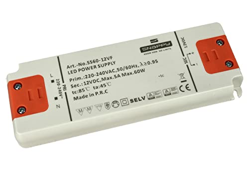 Schlanker Trafo, 12 V, dünnes Netzteil DC12 V, flaches Design, ideal für LED-Streifen, Installation im Schrank (60 W, 5 A, 160 x 58 x 18 mm) von LEDLUX