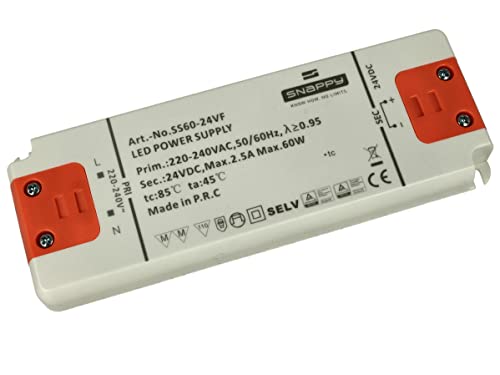 Schlanker Transformator 24 V, dünnes Netzteil DC24 V, flaches Design, ideal für LED-Streifen 24 V, Installation im Schrank (60 W, 2,5 A, 160 x 58 x 18 mm) von LEDLUX