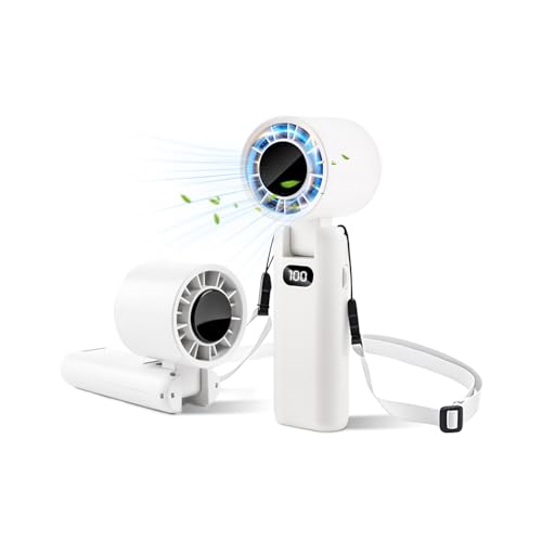 LEDSUUEI Mini Handventilator Akku Aufladbar, Ventilator Klein Tragbar - LED Anzeige [22h]3600mAh Ventilator USB Lade, 5 Stufen &180° Klappbar Sommer Tischventilator für Büro/Reise/Camping mit Halsband von LEDSUUEI