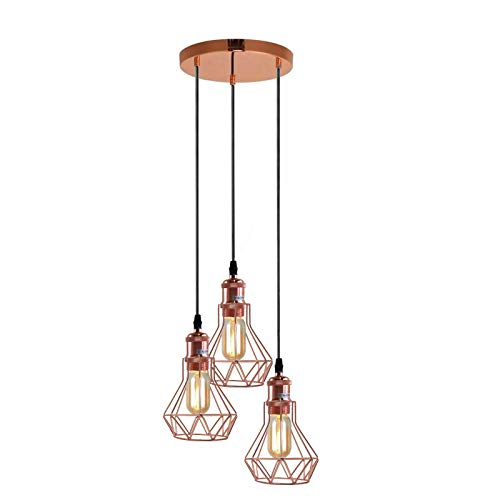 3 Kopf Vintage Retro Loft Rose Gold Pendelleuchte Deckenleuchte Hängeleuchte Industrielle Kronleuchter Lampe Drahtkäfig Lampenschirme mit ES E27 Fassung von LEDSone