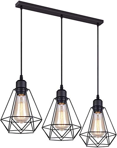 LEDSone 3 flammig Pendelleuchte Retro Hängeleuchte Industrielle Vintage E27 Fassung max .Halterung mit 50 cm Deckenplatte Schwarz für Küche, Wohnzimmer, Esszimmer von LEDSone