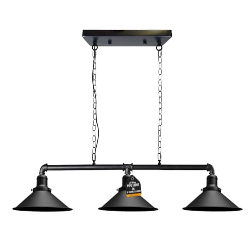 LEDSone 3-flammige industrielle Vintage-Retro-Stil-Steampunk-Röhrenlichtleiste mit Lampenschirm, Pendelleuchte, Metallröhrenbeleuchtung (Schwarz) von LEDSone