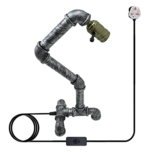 DC VOLTAGE Gleichspannung, 40 cm, Wasserrohr-Tischlampe, E27, Metall, Steampunk-Steckdose, Ein-/Ausschalter, einfach zu montieren (Gebürstetes Silber ohne Glühbirne) von LEDSone
