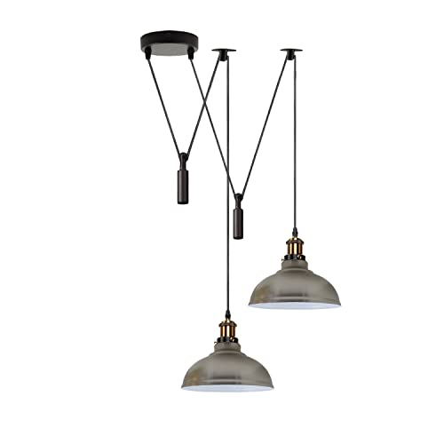 LEDSone Pendelleuchte, Schirm, 2-flammig, Deckenspinne, Metall, verstellbar, 195 cm Kabel, Vintage-Edison-Sockel mit E27-Glühbirne, industrielle Retro-Beleuchtung, Insellampe (Satiniertes Nickel) von LEDSone