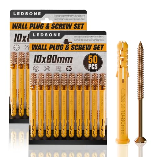 LEDSone 50 Stück x 2er-Packung Dübel und Schrauben, 10 x 80 mm, Set mit Ankerbolzen, robuste Ziegel- und Betonbefestigungen, Dübelschrauben zur Montage von Fernsehgeräten (10mm x 60mm) von LEDSone