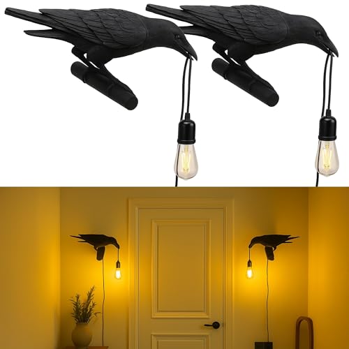 LEDSone Black Birds Wandlampen Raven LED Harzlampe 3-poliger Stecker mit E27-Sockel für Schlafzimmer, Büro, Wohnheim, schwarze Wand rechts (2er-Pack) von LEDSone