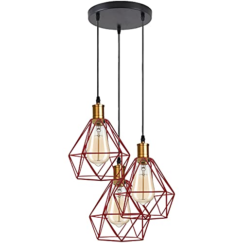 LEDSone Hängelampe/Deckenleuchte, Retro-Stil, 3 Köpfe, Rot mit Diamantdraht, E27-Halterungs-Set von LEDSone