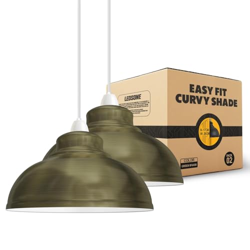 LEDSone Industrielle Decken-Pendelleuchtenschirme, Retro-Vintage-Stil, Pendelleuchtenschirm für hängende Deckenleuchten (Grünes Messing, 2er-Pack) von LEDSone