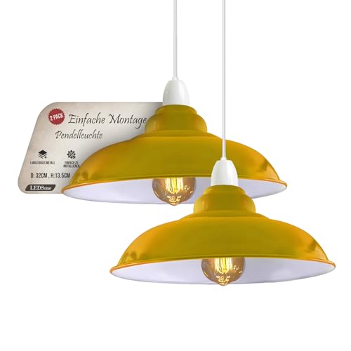 LEDSone Industrieller Hänge-Deckenlampenschirm, Retro-Küchen-Hängedeckenleuchten, Vintage-Metall-Loft-Bar-Pendelleuchte, rustikaler Hängelampenschirm (Gelb, 2er-Pack) von LEDSone