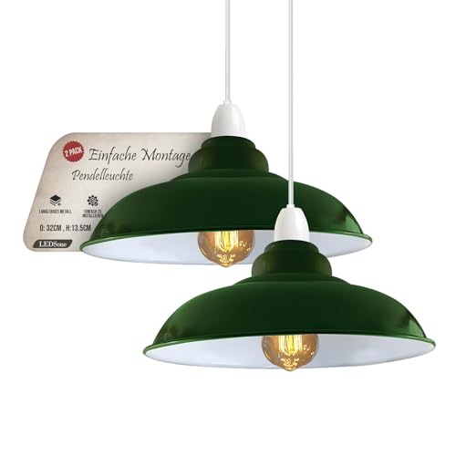 LEDSone Industrieller Hänge-Deckenlampenschirm, Retro-Küchen-Hängedeckenleuchten, Vintage-Metall-Loft-Bar-Pendelleuchte, rustikaler Hängelampenschirm (Grün, 2er-Pack) von LEDSone